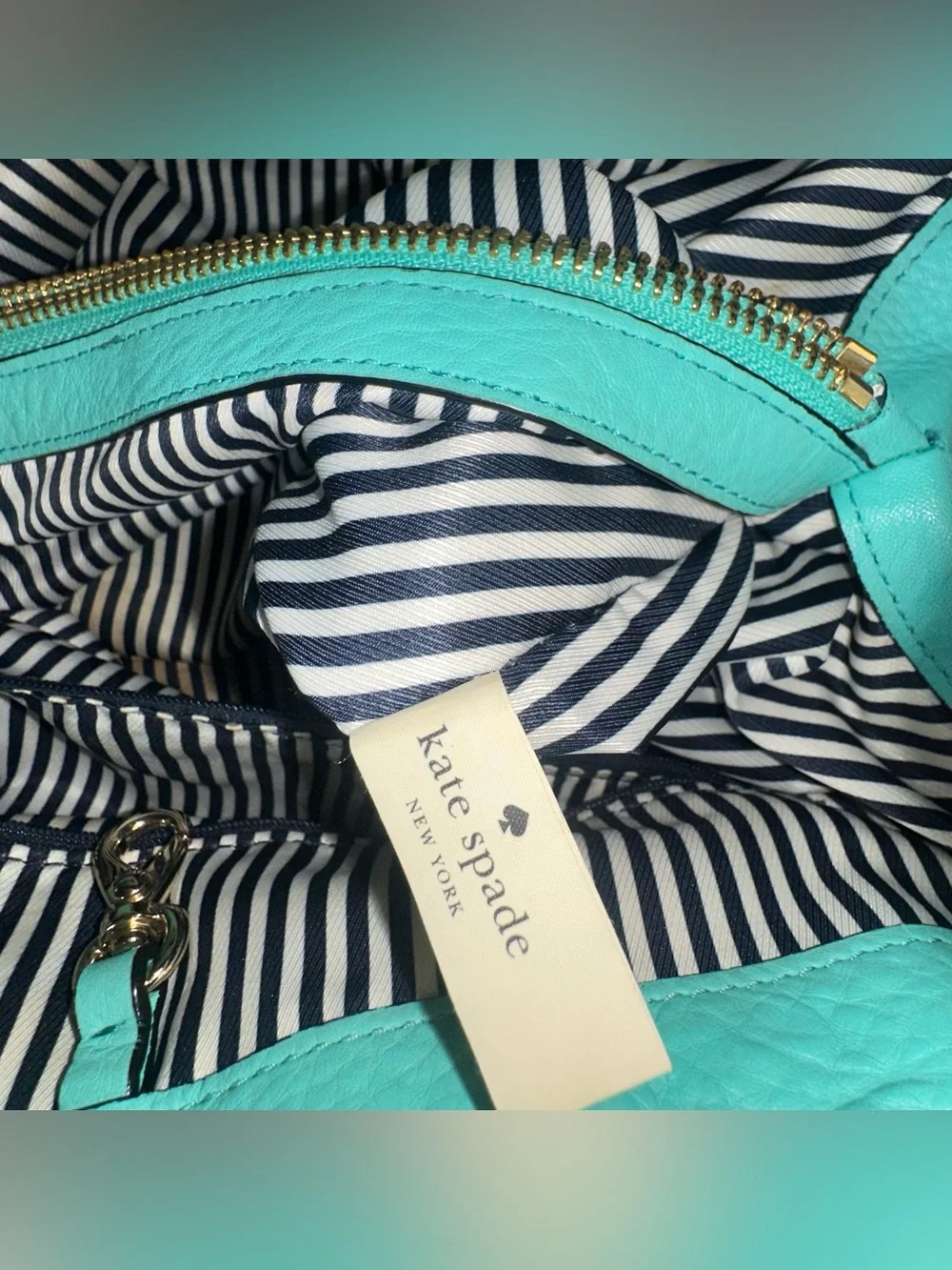 KATE SPADE Turquoise Satchel Purse Handbag Striped Interior Roomy
